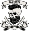 SHKREPI Herrensalon – Logo mit bärtigem Totenkopf und gekreuzten Rasiermessern
